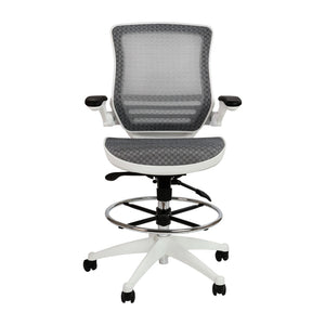 English Elm Commercial Grade Mid-Back Transparent Mesh Drafting Chair with White Frame and Flip-Up Arms