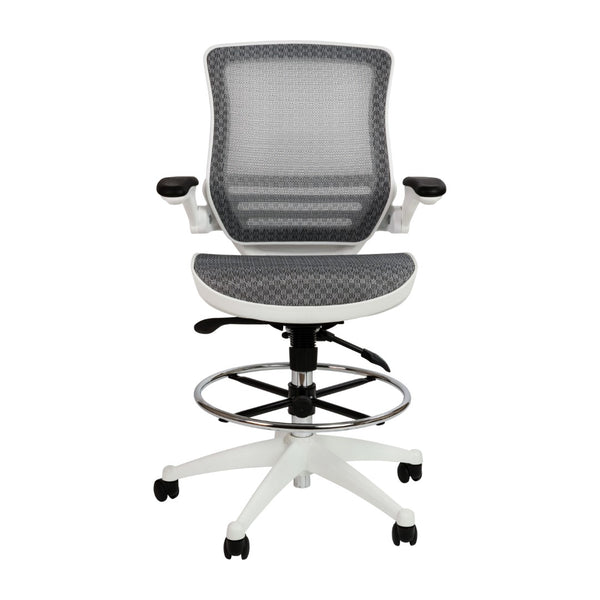 English Elm Commercial Grade Mid-Back Transparent Mesh Drafting Chair with White Frame and Flip-Up Arms