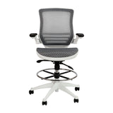 English Elm Commercial Grade Mid-Back Transparent Mesh Drafting Chair with White Frame and Flip-Up Arms