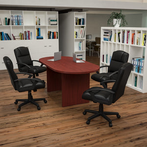 English Elm Commercial Grade 5 Piece Oval Conference Table Set with 4 Black LeatherSoft-Padded Task Chairs