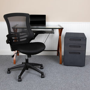 English Elm Work From Home Kit - Glass Desk with Keyboard Tray, Ergonomic Mesh Office Chair and Filing Cabinet with Lock & Inset Handles