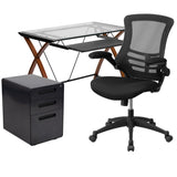 English Elm Work From Home Kit - Glass Desk with Keyboard Tray, Ergonomic Mesh Office Chair and Filing Cabinet with Lock & Inset Handles