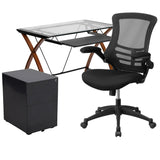 English Elm Work From Home Kit - Glass Desk with Keyboard Tray, Ergonomic Mesh Office Chair and Filing Cabinet with Lock & Side Handles