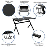 English Elm Black Gaming Desk and and Black Racing Chair Set with Cup Holder, Headphone Hook & 2 Wire Management Holes