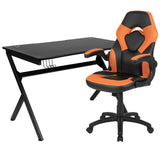 English Elm Black Gaming Desk and /Black Racing Chair Set with Cup Holder, Headphone Hook & 2 Wire Management Holes