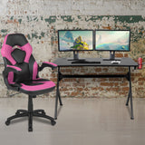 English Elm Black Gaming Desk and /Black Racing Chair Set with Cup Holder, Headphone Hook & 2 Wire Management Holes