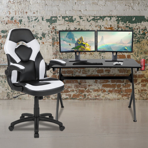 English Elm Black Gaming Desk and /Black Racing Chair Set with Cup Holder, Headphone Hook & 2 Wire Management Holes