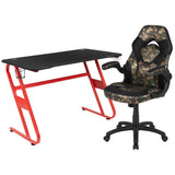 English Elm Red Gaming Desk and /Black Racing Chair Set with Cup Holder and Headphone Hook