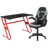 English Elm Red Gaming Desk and /Black Racing Chair Set with Cup Holder and Headphone Hook