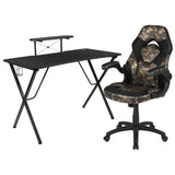 English Elm Black Gaming Desk and /Black Racing Chair Set with Cup Holder, Headphone Hook, and Monitor/Smartphone Stand