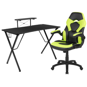 English Elm Black Gaming Desk and /Black Racing Chair Set with Cup Holder, Headphone Hook, and Monitor/Smartphone Stand