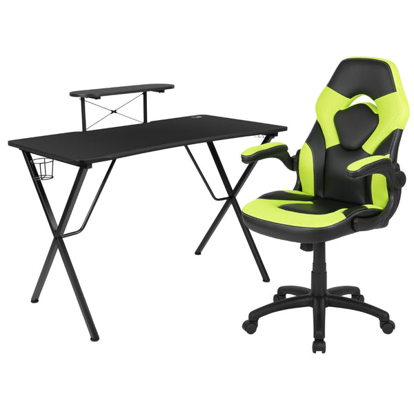 English Elm Black Gaming Desk and /Black Racing Chair Set with Cup Holder, Headphone Hook, and Monitor/Smartphone Stand