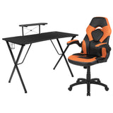 English Elm Black Gaming Desk and /Black Racing Chair Set with Cup Holder, Headphone Hook, and Monitor/Smartphone Stand