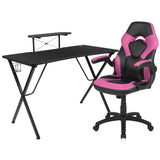 English Elm Black Gaming Desk and /Black Racing Chair Set with Cup Holder, Headphone Hook, and Monitor/Smartphone Stand