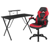 English Elm Black Gaming Desk and /Black Racing Chair Set with Cup Holder, Headphone Hook, and Monitor/Smartphone Stand