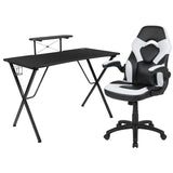 English Elm Black Gaming Desk and /Black Racing Chair Set with Cup Holder, Headphone Hook, and Monitor/Smartphone Stand