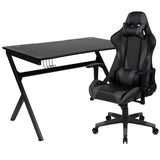 English Elm Black Gaming Desk and /Black Reclining Gaming Chair Set with Cup Holder, Headphone Hook & 2 Wire Management Holes