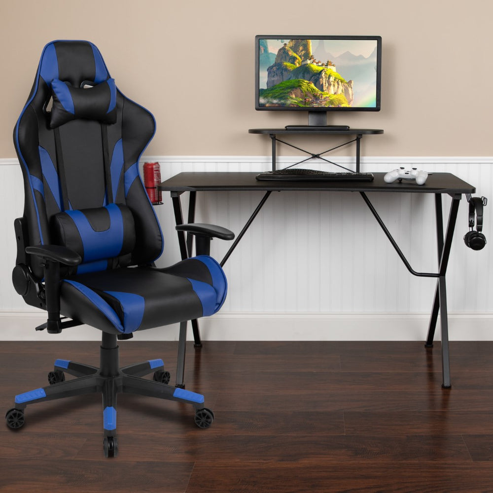 English Elm Black Gaming Desk and Reclining Gaming Chair Set with Cup Holder, Headphone Hook, and Monitor/Smartphone Stand