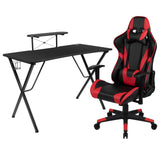 English Elm Black Gaming Desk and /Black Reclining Gaming Chair Set with Cup Holder, Headphone Hook, and Monitor/Smartphone Stand