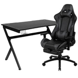 English Elm Black Gaming Desk and Footrest Reclining Gaming Chair Set with Cup Holder, Headphone Hook & 2 Wire Management Holes