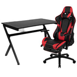 English Elm Black Gaming Desk and /Black Footrest Reclining Gaming Chair Set with Cup Holder, Headphone Hook & 2 Wire Management Holes