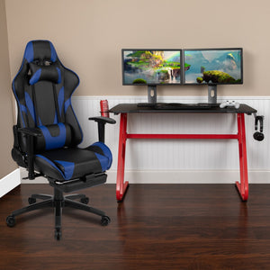 English Elm Red Gaming Desk with Cup Holder/Headphone Hook & Reclining Gaming Chair with Footrest