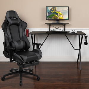 English Elm Black Gaming Desk with Cup Holder/Headphone Hook and Monitor/Smartphone Stand & Reclining Gaming Chair with Footrest