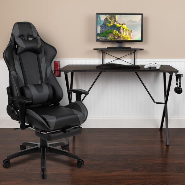 English Elm Black Gaming Desk with Cup Holder/Headphone Hook and Monitor/Smartphone Stand & Reclining Gaming Chair with Footrest
