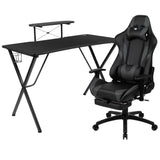 English Elm Black Gaming Desk with Cup Holder/Headphone Hook and Monitor/Smartphone Stand & Reclining Gaming Chair with Footrest