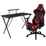 English Elm Black Gaming Desk and /Black Footrest Reclining Gaming Chair Set with Cup Holder, Headphone Hook, & Monitor/Smartphone Stand