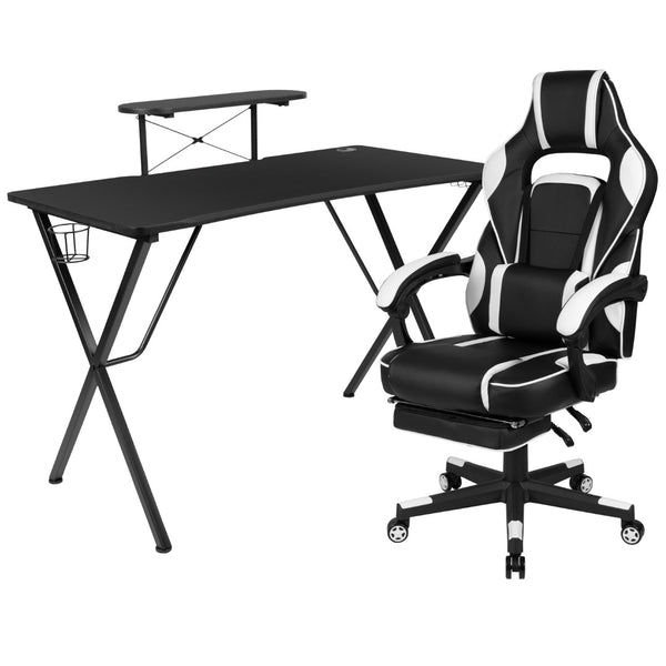 English Elm Black Gaming Desk with Cup Holder/Headphone Hook/Monitor Stand & Reclining Back/Arms Gaming Chair with Footrest
