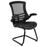 English Elm Commercial Grade Mesh Sled Base Side Reception Chair with White Stitched LeatherSoft Seat and Flip-Up Arms