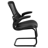 English Elm Commercial Grade Mesh Sled Base Side Reception Chair with White Stitched LeatherSoft Seat and Flip-Up Arms