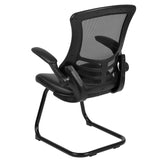 English Elm Commercial Grade Mesh Sled Base Side Reception Chair with White Stitched LeatherSoft Seat and Flip-Up Arms