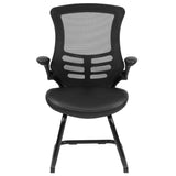 English Elm Commercial Grade Mesh Sled Base Side Reception Chair with White Stitched LeatherSoft Seat and Flip-Up Arms