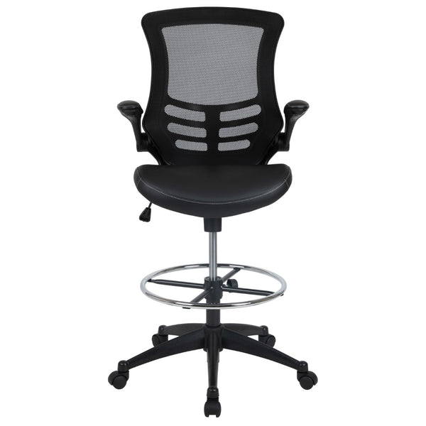 English Elm Commercial Grade Mid-Back Mesh Ergonomic Drafting Chair with LeatherSoft Seat, Adjustable Foot Ring and Flip-Up Arms