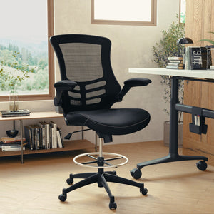 English Elm Commercial Grade Mid-Back Mesh Ergonomic Drafting Chair with LeatherSoft Seat, Adjustable Foot Ring and Flip-Up Arms