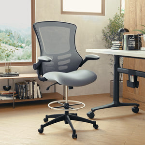 English Elm Commercial Grade Mid-Back Dark Mesh Ergonomic Drafting Chair with Adjustable Foot Ring and Flip-Up Arms