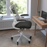 English Elm Commercial Grade Mid-Back Mesh Swivel Ergonomic Task Office Chair with White Frame, Flip-Up Arms, and Transparent Roller Wheels