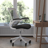 Commercial Grade Mid-Back Mesh Swivel Ergonomic Task Office Chair with White Frame, Flip-Up Arms, and Transparent Roller Wheels