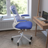 English Elm Commercial Grade Mid-Back Mesh Swivel Ergonomic Task Office Chair with White Frame, Flip-Up Arms, and Transparent Roller Wheels