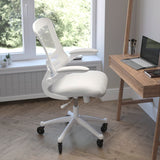 English Elm Commercial Grade Mid-Back Light Mesh Swivel Ergonomic Task Office Chair with White Frame, Flip-Up Arms, and Transparent Roller Wheels