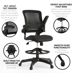 English Elm Commercial Grade Mid-Back Mesh Ergonomic Drafting Chair with Adjustable Foot Ring and Flip-Up Arms