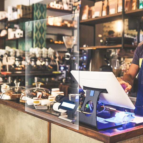 English Elm Commercial Grade Acrylic Suspended Register Shield / Sneeze Guard, 24"H x 42"L - Hanging and Mounting Hardware Included