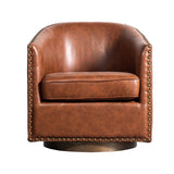 English Elm Commercial Grade Club Style Commercial Barrel Accent Armchair with 360° Swivel Metal Base and Leathersoft Upholstery with Brass Decorative Nail Head Trim