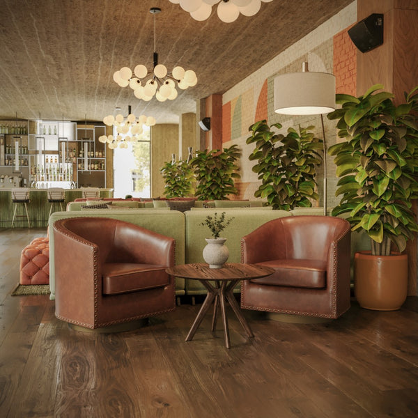 English Elm Commercial Grade Club Style Commercial Barrel Accent Armchair with 360° Swivel Metal Base and Leathersoft Upholstery with Brass Decorative Nail Head Trim