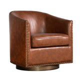 English Elm Commercial Grade Club Style Commercial Barrel Accent Armchair with 360° Swivel Metal Base and Leathersoft Upholstery with Brass Decorative Nail Head Trim