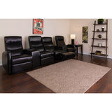 Black Leather Theater Recliner, 4-Seat with Cup Holders