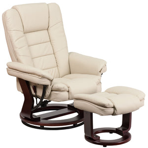 English Elm Contemporary Multi-Position Recliner with Horizontal Stitching and Ottoman with Swivel Mahogany Wood Base in LeatherSoft
