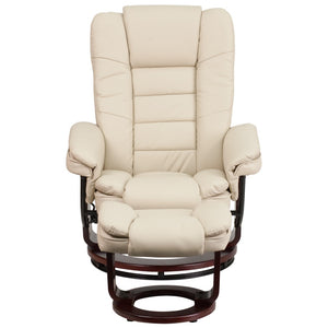 English Elm Contemporary Multi-Position Recliner with Horizontal Stitching and Ottoman with Swivel Mahogany Wood Base in LeatherSoft
